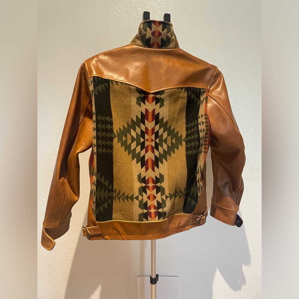 Men's Tan Leather & Patterned Wool Panel Jacket